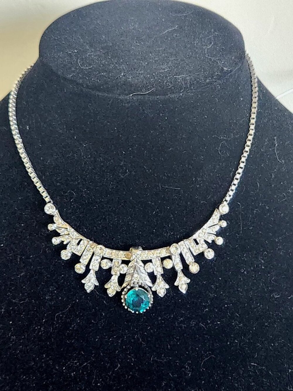 Victorian style silver plated necklace with Rhinestones and Turquoise blue Rhine
